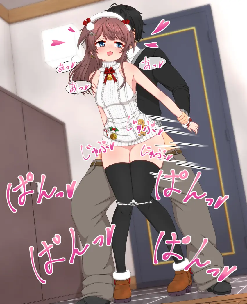 Image blush, bow, female, hair_ornament, highres, long_hair, long_sleeves, open_mouth, pants, standing, 1boy, black_hair, blue_eyes, male, pussy, straight, thighhighs, panties, underwear, earrings, hat, looking_back, sex, dutch_angle, jewelry, solo_focus, dress, brown_hair, indoors, sleeveless_dress, white_dress, white_panties, fur_trim, sleeveless, sex_from_behind, motion_lines, heart, belt, holding_another's_wrist, short_dress, standing_sex, assertive_female, sweater, turtleneck, turtleneck_sweater, full_body, panty_pull, boots, beret, bowtie, light, bell, black_thighhighs, two_side_up, white_hat, neck_bell, variant_set, red_bowtie, brown_pants, red_bow, door, pom_pom_(clothes), pom_pom_hair_ornament, mahjong_soul, brown_footwear, sweater_dress, white_sweater, medium_bangs, brown_belt, fujigaya_arctia, shinomiya_fuyumi, fur-trimmed_boots, gingerbread_man