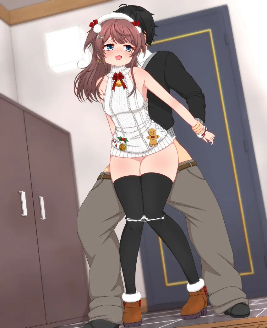 Image blush,bow,female,hair_ornament,highres,long_hair,long_sleeves,open_mouth,pants,standing,1boy,black_hair,blue_eyes,male,pussy,straight,thighhighs,panties,underwear,earrings,hat,looking_back,sex,dutch_angle,jewelry,solo_focus,dress,brown_hair,indoors,sleeveless_dress,white_dress,white_panties,fur_trim,sleeveless,sex_from_behind,belt,holding_another's_wrist,short_dress,standing_sex,assertive_female,sweater,turtleneck,turtleneck_sweater,full_body,panty_pull,boots,beret,bowtie,light,bell,black_thighhighs,two_side_up,white_hat,neck_bell,variant_set,textless_version,red_bowtie,brown_pants,red_bow,door,pom_pom_(clothes),pom_pom_hair_ornament,mahjong_soul,brown_footwear,sweater_dress,white_sweater,medium_bangs,brown_belt,fujigaya_arctia,shinomiya_fuyumi,fur-trimmed_boots,gingerbread_man