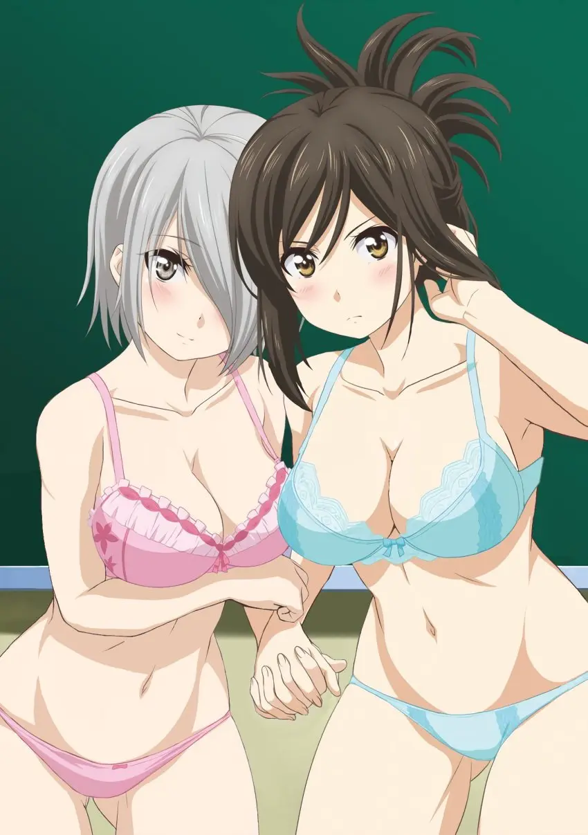 Image blush,breasts,brown_eyes,female,highres,large_breasts,long_hair,looking_at_viewer,standing,2girls,interlocked_fingers,multiple_girls,navel,short_hair,bra,panties,underwear,hair_over_one_eye,cleavage,collarbone,thigh_gap,brown_hair,indoors,grey_eyes,stomach,holding_hands,silver_hair,chalkboard,official_art,groin,teacher,gluteal_fold,blue_panties,10s,3rd_party_edit,gastkeser82,folded_ponytail,kojima_kana,kojima_kana_(nande_koko_ni_sensei_ga!?),nande_koko_ni_sensei_ga!?,sensei,tachibana_chizuru_(nande_koko_ni_sensei_ga!?)