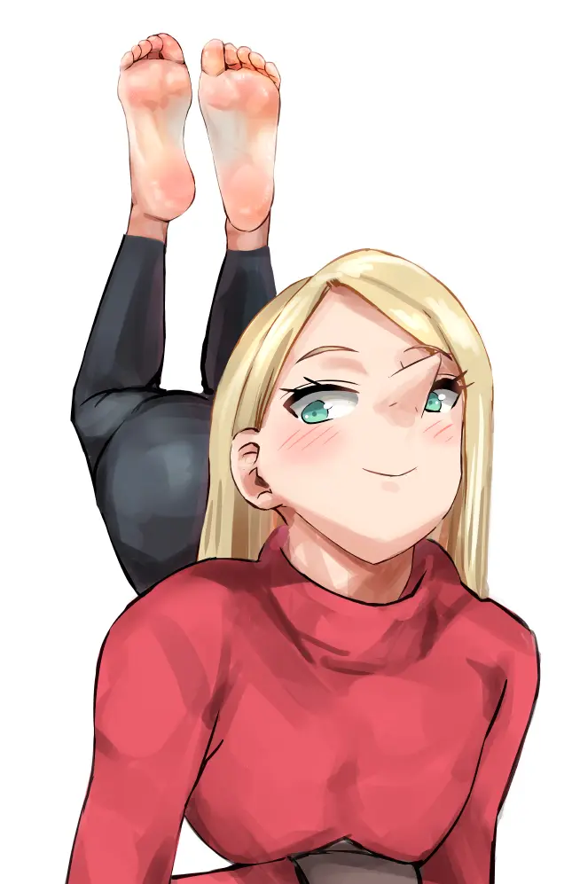Image clothed,female,smile,barefoot,feet,blonde_hair,foot_fetish,feet_up,soles,blonde_female,toes,the_pose,kuoikukoi,ousama_ranking,queen_hilling,ranking_of_kings