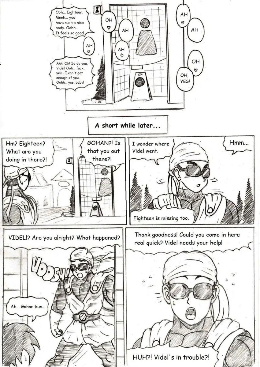 Image female,1boy,2girls,male,text,android_18,dragon_ball,dragon_ball_z,comic,monochrome,sunglasses,clothed_male,superhero_costume,offscreen_sex,bandana,son_gohan,thewritefiction,videl,looking_around,saiyaman