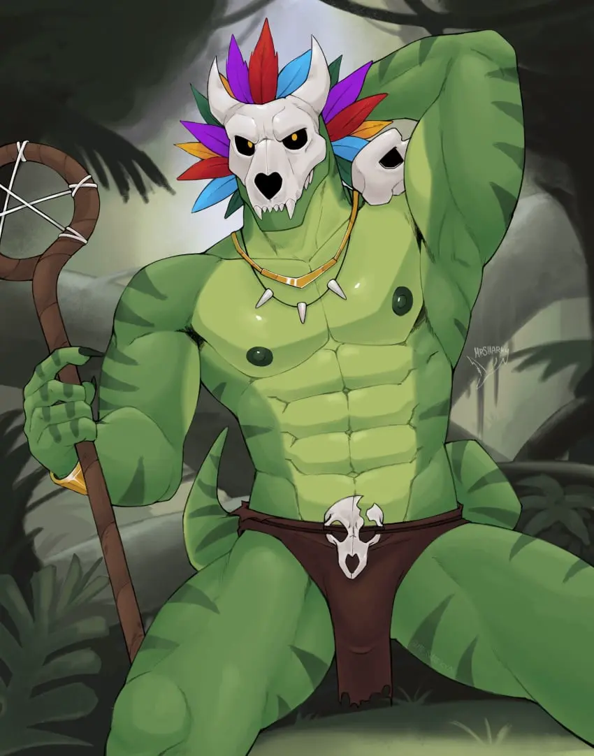 Image clothed,clothing,hi_res,nipples,solo,male,penis,muscular,muscular_male,male_only,anthro,sitting,absurd_res,bulge,topless,flaccid,muscular_anthro,pecs,reptile,scalie,tree,male_focus,abs,front_view,forest,plant,tribal,mask,bottomwear,jungle,staff,hand_behind_head,lizard,skull_mask,loincloth,terraria,loincloth_only,witch_doctor_(terraria),lihzahrd,mr_sharky