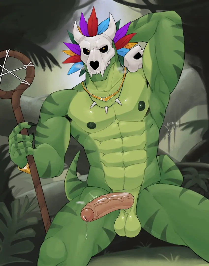 Image clothed,clothing,hi_res,nipples,solo,male,nude,penis,erection,humanoid_penis,muscular,muscular_male,watermark,male_only,jewelry,balls,anthro,sitting,absurd_res,necklace,topless,genital_fluids,bodily_fluids,genitals,precum,muscular_anthro,pecs,foreskin,uncircumcised,precum_drip,reptile,scalie,tree,male_focus,abs,dripping,front_view,humanoid_genitalia,boner,forest,plant,tribal,mask,jungle,staff,hand_behind_head,lizard,skull_mask,terraria,witch_doctor_(terraria),lihzahrd,mr_sharky