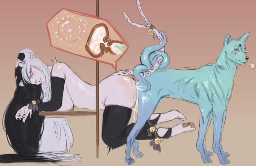 Image clothing,female,cum,male,sex,duo,male/female,anthro,impregnation,genital_fluids,bodily_fluids,canid,canine,mammal,paws,feline,legwear,thigh_highs,knot,feral,felid,zoophilia,pawpads,knotting_position,hornyfoxjade