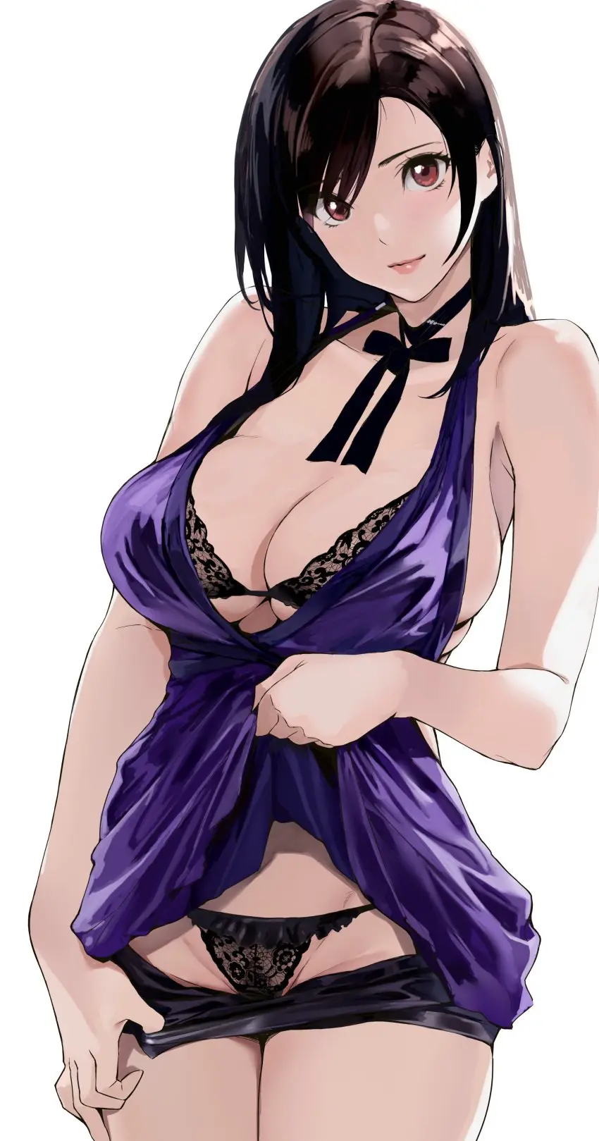 Image breasts,female,highres,large_breasts,long_hair,looking_at_viewer,red_eyes,smile,solo,absurdres,black_hair,choker,bra,panties,underwear,bare_shoulders,cleavage,sideboob,dress,black_panties,skindentation,dress_lift,sleeveless_dress,sleeveless,official_alternate_costume,final_fantasy,final_fantasy_vii,final_fantasy_vii_remake,tifa_lockhart,clothes_lift,shorts,purple_dress,pulled_by_self,clothes_pull,short_shorts,black_bra,shorts_pull,ribbon_choker,shorts_under_dress,yamaishi108