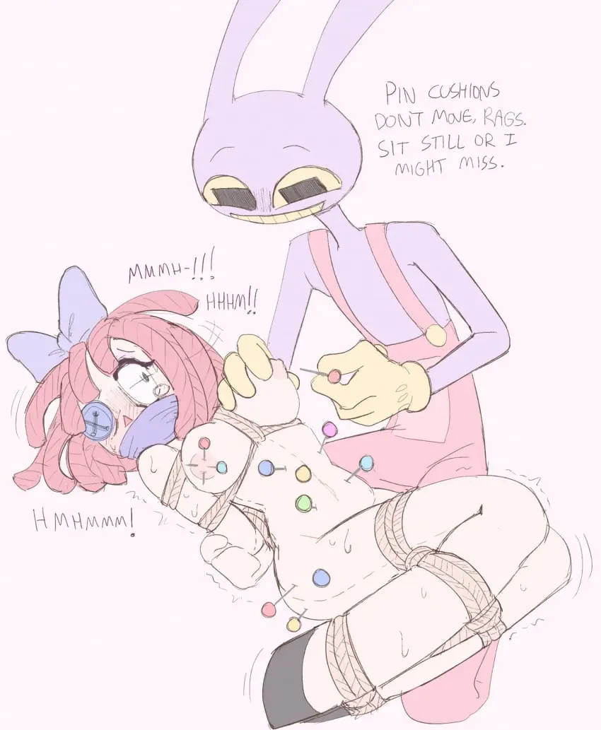 Image breasts,female,hi_res,nipples,male,duo,humanoid,male/female,anthro,piercing,text,bodily_fluids,mammal,breast_grab,bondage,nipple_piercing,tears,lagomorph,leporid,rabbit,bound,gag,gagged,animate_inanimate,questionable_consent,hand_on_breast,doll,jax_(the_amazing_digital_circus),ragatha_(the_amazing_digital_circus),the_amazing_digital_circus,glitch_productions,living_doll,living_toy,ragatha,evilballoondog,needleplay