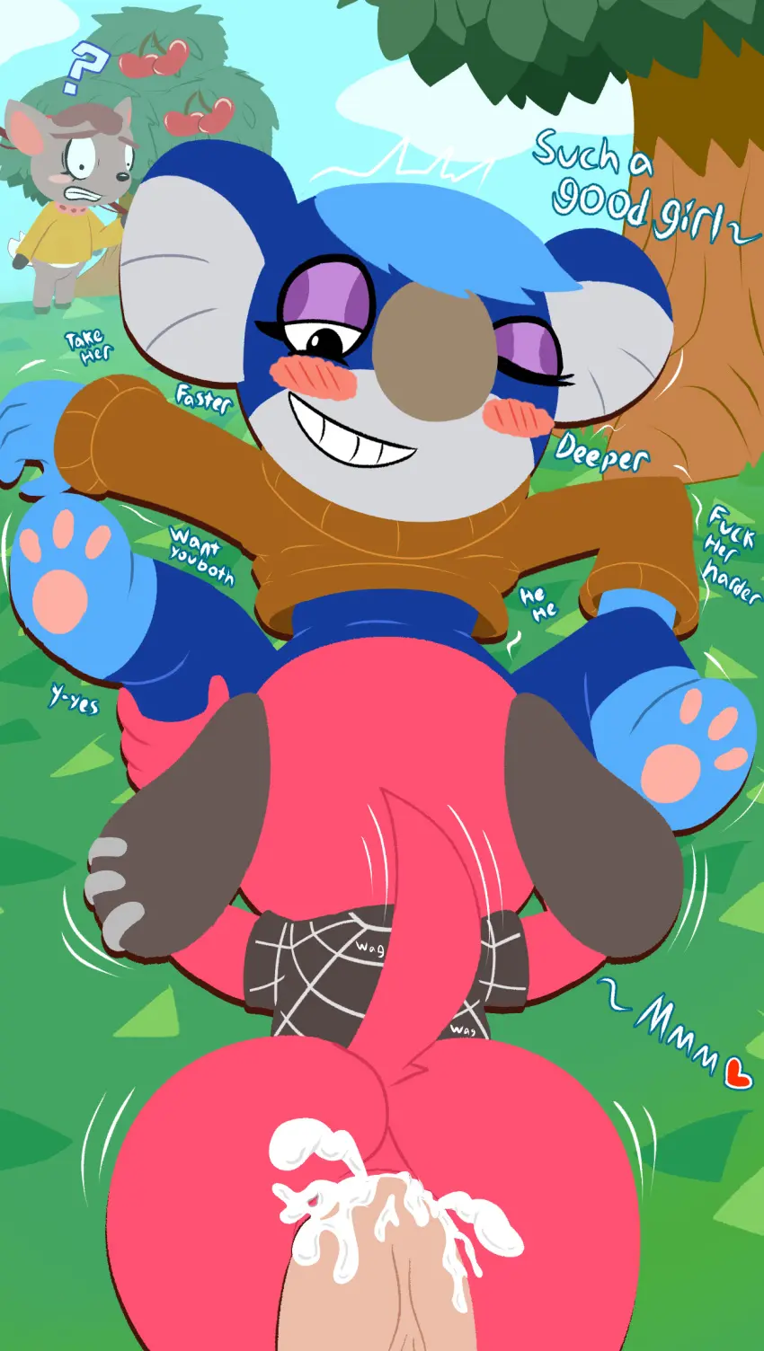 Image blush,female,hi_res,smile,cum,group_sex,male,oral,threesome,ass,big_butt,sex,anal,cum_in_ass,male/female,anthro,cum_inside,nintendo,genital_fluids,bodily_fluids,canid,canine,fur,mammal,paws,animal_crossing,blue_body,outside,female/female,first_person_view,blue_fur,plant,group,trio,red_body,pawpads,red_fur,marsupial,food,fruit,sunny,cherry,koala,weirdkoaladream,cherry_(animal_crossing),vombatiform,animal_crossing_pocket_camp,deirdre_(animal_crossing),yuka_(animal_crossing)
