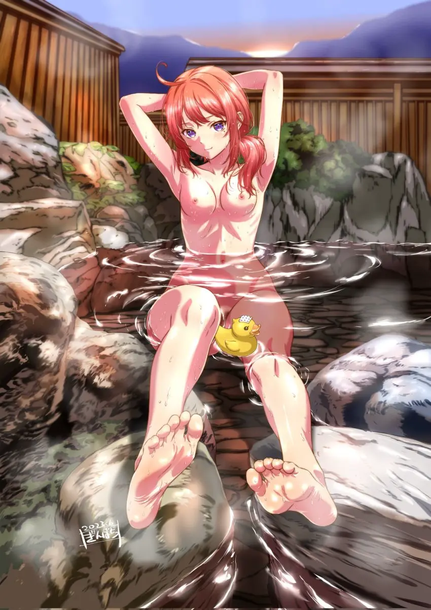 Image female,highres,looking_at_viewer,nipples,no_bra,solo,navel,nude,pussy,red_hair,barefoot,ponytail,feet,armpits,arms_up,bare_shoulders,solo_female,naked,original,purple_eyes,wet,pubic_hair,soles,no_panties,side_ponytail,onsen,bird,full_body,rock,casual,casual_nudity,bathing,bare_legs,bare_arms,casual_exposure,nonsexual_nudity,duck,rubber_duck,watanabe_yoshihiro