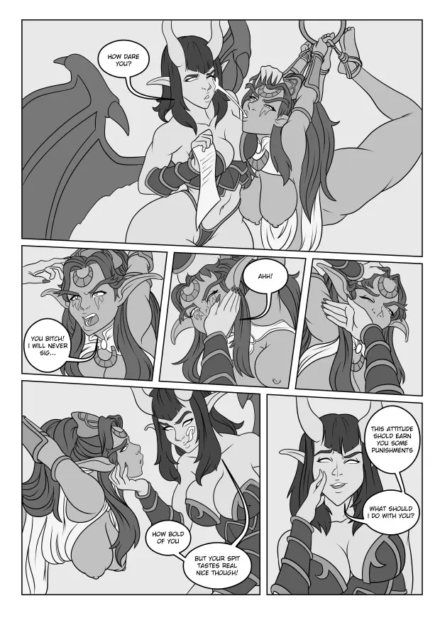 Image big_breasts,breasts,female,2girls,multiple_girls,night_elf,warcraft,world_of_warcraft,comic,comic_page,restrained,dialogue,bondage,line_art,succubus,blizzard_entertainment,arms_behind_back,tyrande_whisperwind,slapping,guakyart,succubus_(warcraft)