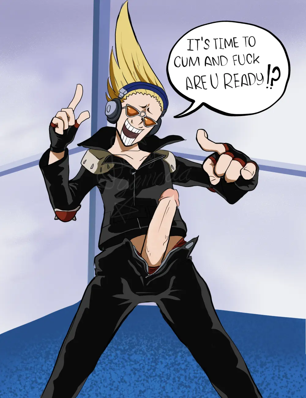Image male,penis,male_only,my_hero_academia,mythology,dick,boku_no_hero_academia,skinny,male_focus,yellow_hair,sunglasses,toony_face,exposed_penis,hizashi_yamada,present_mic