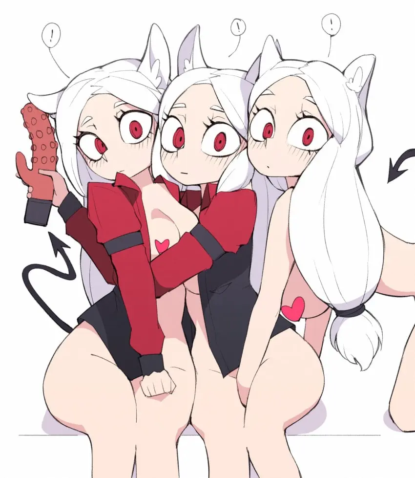 Image female,female_only,red_eyes,white_hair,tagme,demon,censored,sex_toy,dog_ears,3girls,helltaker,cerberus_(helltaker),˚☼。masturbation