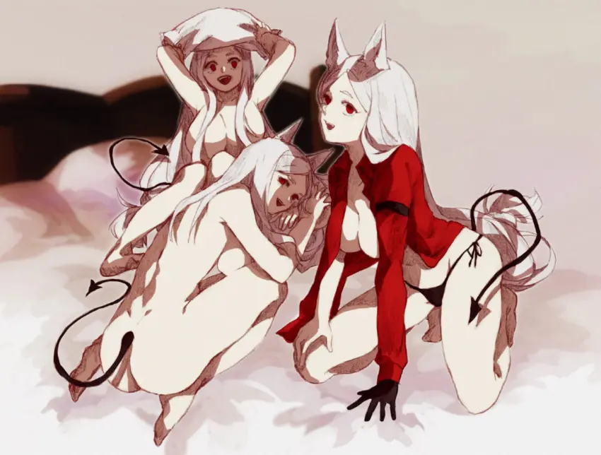 Image female,female_only,red_eyes,white_hair,tagme,demon,dog_ears,3girls,helltaker,cerberus_(helltaker),最中