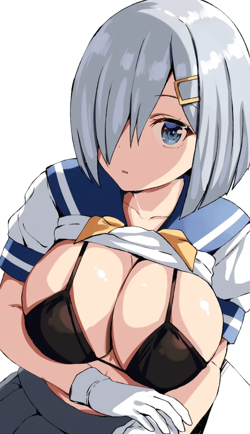 Image breasts,female,large_breasts,looking_at_viewer,gloves,upper_body,clothes_lift,wide_eyed,nipple_bulge,kantai_collection,lace_trim,lace-trimmed_bra,belko,hamakaze_(kantai_collection)
