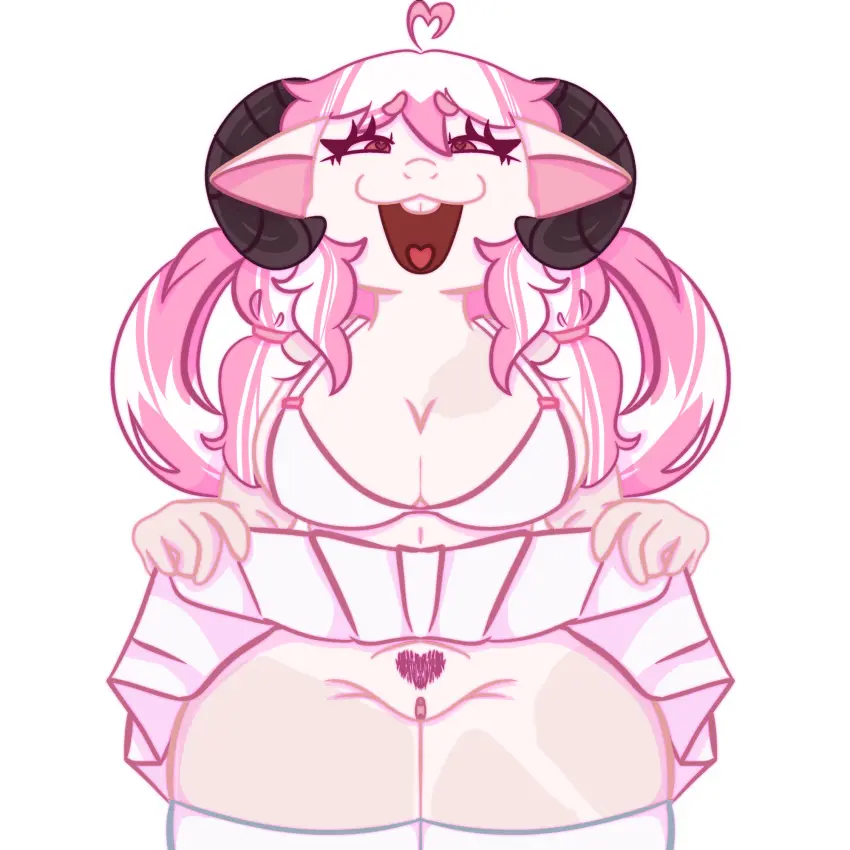 Image big_breasts,breasts,clothed,clothing,female,hi_res,looking_at_viewer,open_mouth,smile,solo,bangs,nude,pussy,bra,tongue,underwear,colored,thick_thighs,digital_drawing_(artwork),digital_media_(artwork),shaded,hair,anthro,pose,smug,fur,genitals,mammal,horn,bottomless,legwear,thigh_highs,exposed,bovid,topwear,pubes,flashing,caprine,sheep,goat,clothing_lift,muffanphetamine