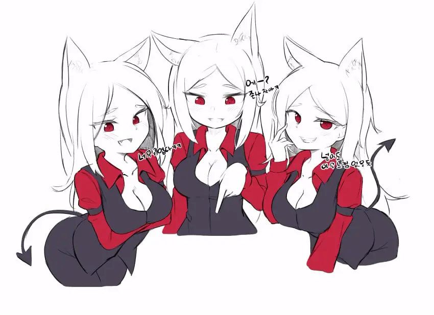 Image female,female_only,red_eyes,white_hair,tagme,demon,dog_ears,3girls,helltaker,cerberus_(helltaker),hapy