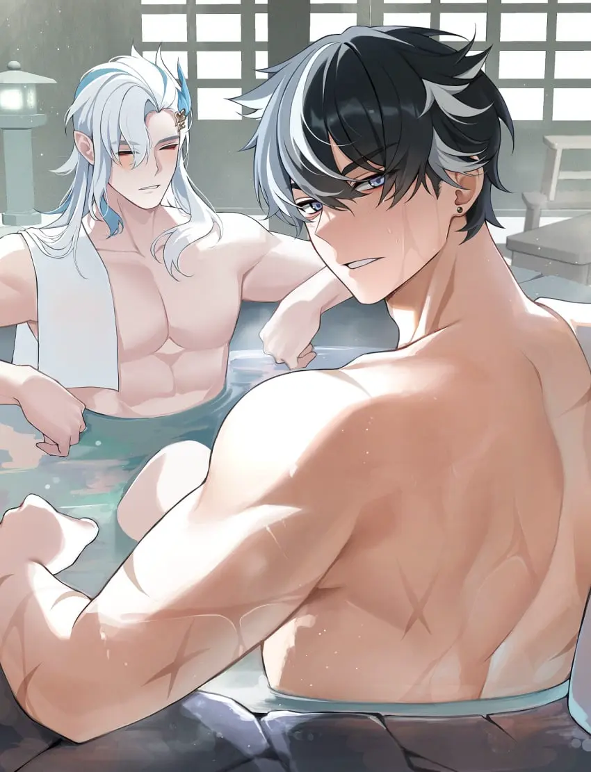 Image human,human_only,looking_at_viewer,white_hair,black_hair,blue_eyes,male,nude,water,2boys,male_only,bare_shoulders,nude_male,closed_eyes,gay,genshin_impact,back,biceps,towel,onsen,scar,neuvillette_(genshin_impact),wriothesley_(genshin_impact),bath,triceps
