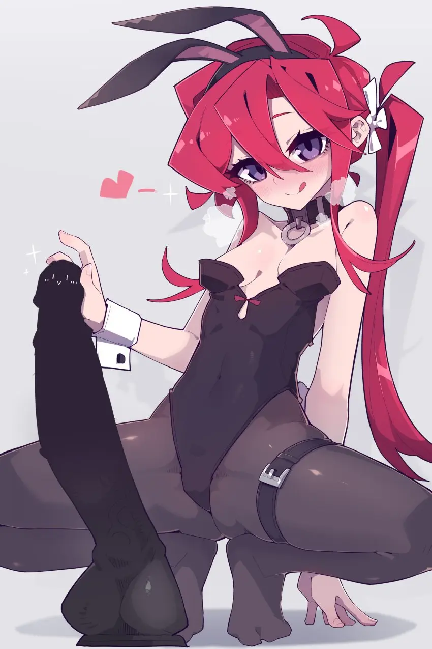 Image blush,bow,breasts,female,hairbow,highres,long_hair,looking_at_viewer,smile,solo,very_long_hair,absurdres,animal_ears,sidelocks,tail,tongue_out,red_hair,tongue,small_breasts,thighs,shadow,spread_legs,:q,no_shoes,original,purple_eyes,rabbit_ears,hair_between_eyes,sex_toy,closed_mouth,nose_blush,dildo,squatting,heart,belt,side_ponytail,playboy_bunny,arm_support,breasts_apart,grey_background,leotard,highleg,highleg_leotard,strapless,strapless_leotard,full_body,thigh_strap,pantyhose,huge_dildo,rabbit_tail,black_pantyhose,wrist_cuffs,black_leotard,white_bow,tiptoes,arm_at_side,cowlick,white_wrist_cuffs,thigh_belt,imazawa