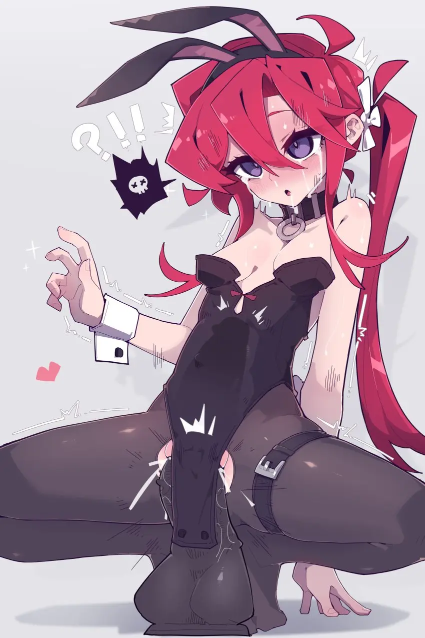Image blush,bow,breasts,female,hairbow,highres,long_hair,solo,very_long_hair,absurdres,animal_ears,sidelocks,tail,tongue_out,red_hair,tongue,small_breasts,thighs,shadow,spread_legs,crying,no_shoes,original,pussy_juice,purple_eyes,rabbit_ears,trembling,hair_between_eyes,masturbation,sex_toy,closed_mouth,nose_blush,:o,dildo,squatting,motion_lines,heart,belt,stomach_bulge,side_ponytail,playboy_bunny,arm_support,breasts_apart,crying_with_eyes_open,grey_background,leotard,tears,highleg,highleg_leotard,strapless,strapless_leotard,full_body,thigh_strap,pantyhose,x-ray,huge_dildo,deep_penetration,rabbit_tail,black_pantyhose,!?,pelvic_curtain,wrist_cuffs,black_leotard,white_bow,hand_up,tiptoes,arm_at_side,looking_ahead,covered_penetration,open_hand,blank_stare,cowlick,white_wrist_cuffs,thigh_belt,streaming_tears,imazawa,spoken_skull