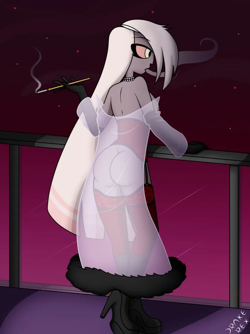 Image breasts, breasts_out, female, female_only, ass, female_focus, jewelry, lingerie, solo_female, necklace, outdoors, see-through, hazbin_hotel, smoking, vaggie_(hazbin_hotel), drake-rex