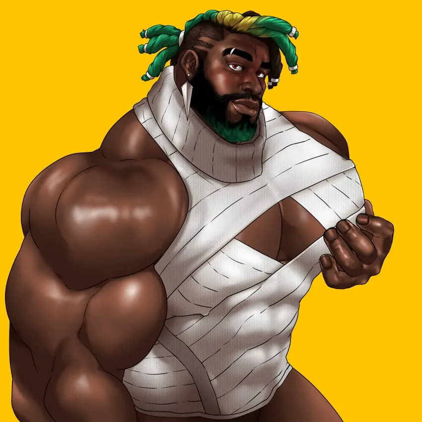 Image solo,1boy,male,dark-skinned_male,dark_skin,muscular,male_only,yaoi,bara,solo_male,league_of_legends,beard,muscles,facial_hair,heartsteel_series,hitenmaru,k'sante,heartsteel_k'sante