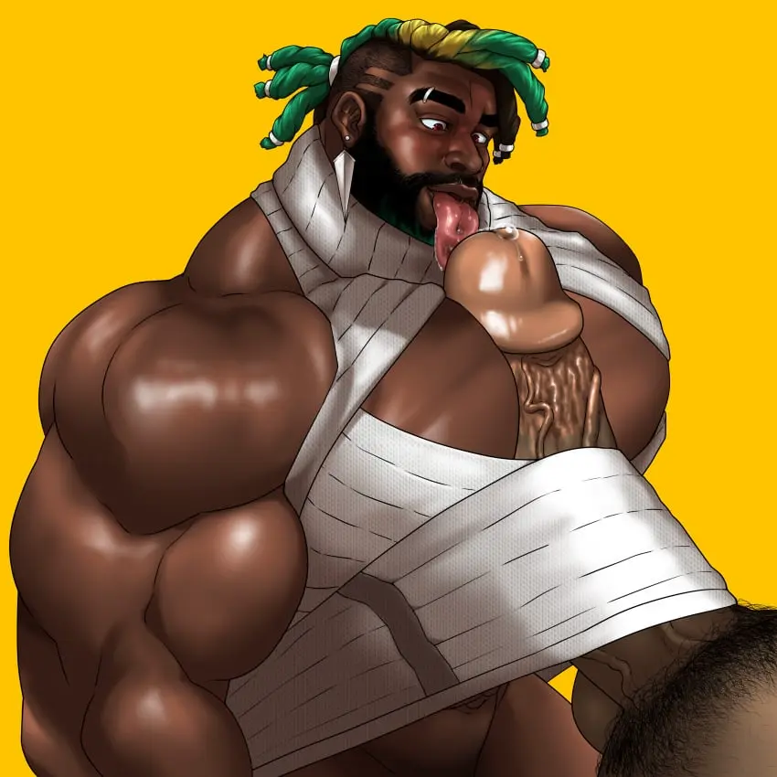 Image licking_penis,male,penis,big_penis,erection,dark-skinned_male,dark_skin,muscular,male_only,yaoi,balls,huge_cock,gay,bara,league_of_legends,boner,beard,muscles,facial_hair,brown_skin,very_dark_skin,heartsteel_series,pecjob,african_male,hitenmaru,k'sante,heartsteel_k'sante