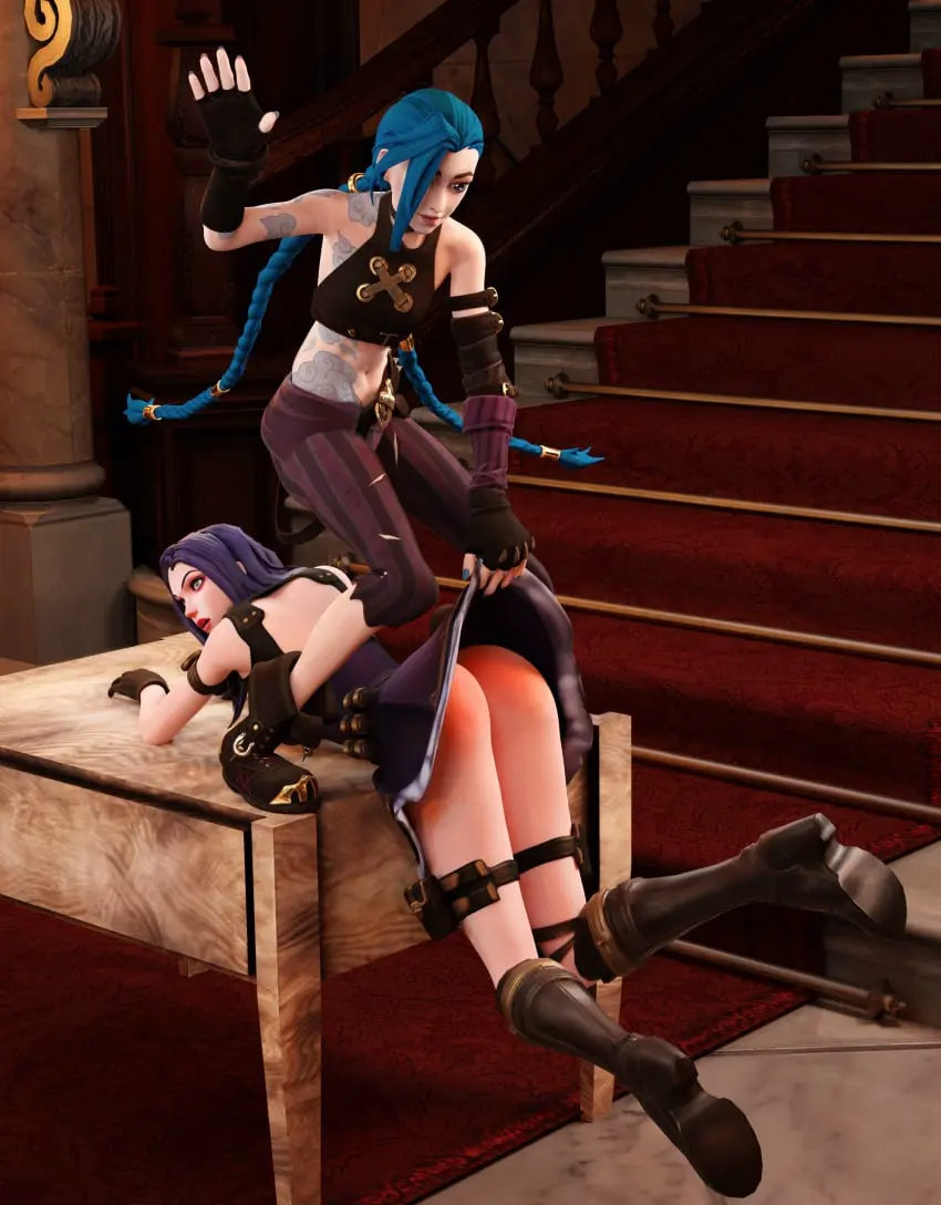 Image female,female_only,2girls,blue_hair,multiple_girls,ass,3d,blender,twintails,yuri,ass_focus,naughty,submissive,spanked_butt,video_games,league_of_legends,dominant_female,femdom,riot_games,skirt_lift,twin_braids,jinx_(league_of_legends),bare_ass,arcane,arcane_jinx,spanking,spank_marks,steampunk,punishment,arcane_caitlyn,caitlyn_kiramman,slapping_butt,discipline,kinkblink