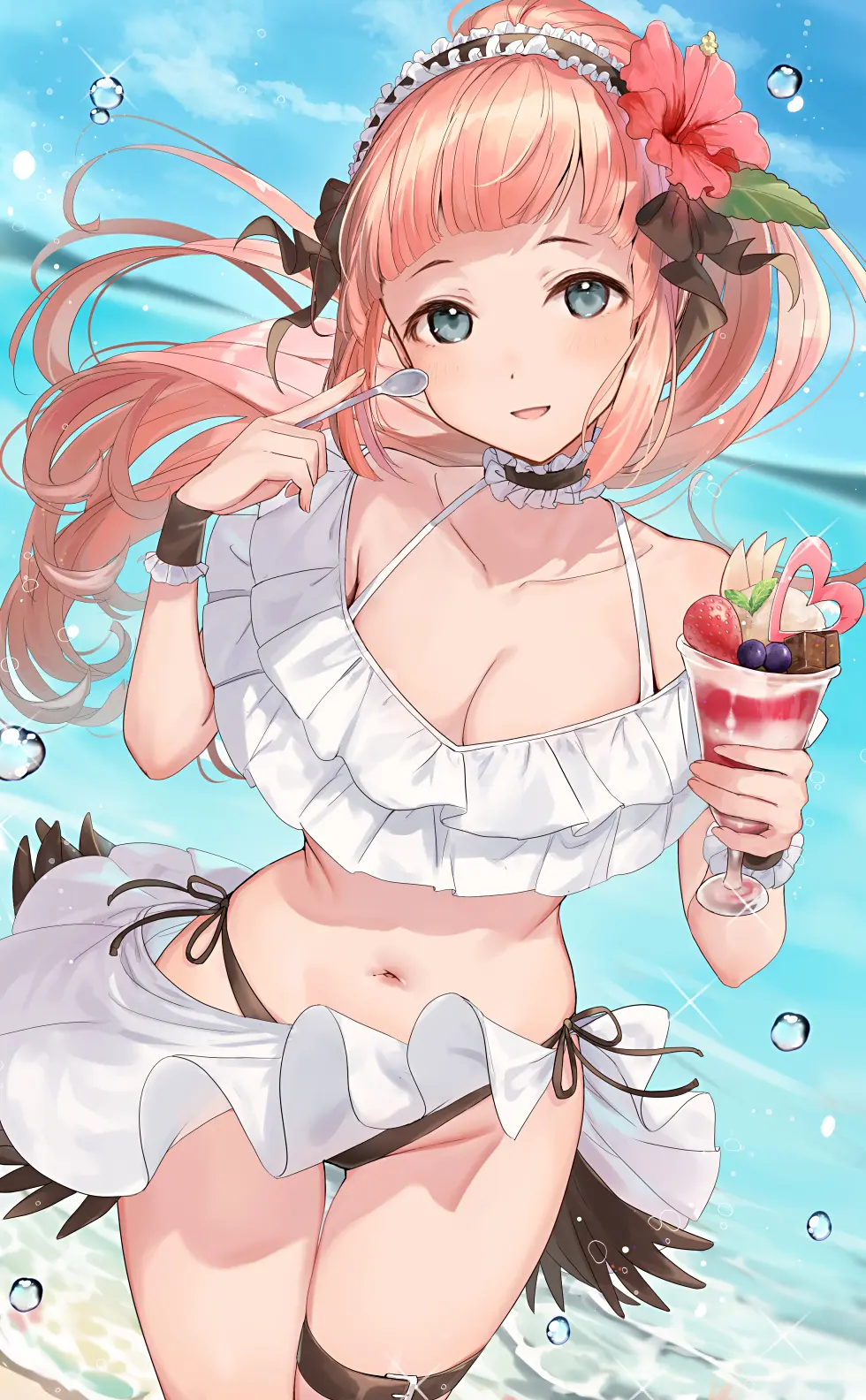 Image 1girls,breasts,female,female_only,hair_ornament,highres,long_hair,looking_at_viewer,open_mouth,smile,solo,blue_eyes,navel,choker,bikini,ponytail,dutch_angle,ocean,sky,cleavage,midriff,pink_hair,medium_breasts,swimsuit,nintendo,outdoors,white_bikini,alternate_costume,holding,flower,hair_flower,maid_headdress,fire_emblem,fire_emblem_fates,thigh_strap,blue_sky,day,food,ice_cream,water_drop,side-tie_bikini_bottom,spoon,black_bikini_bottom,felicia_(fire_emblem),white_swimsuit,holding_spoon,haru_(nakajou-28)