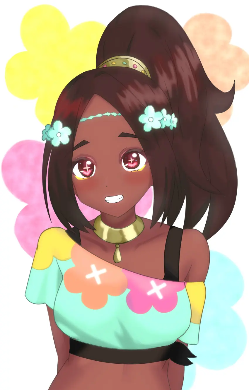 Image 1girls,breasts,female,female_only,red_eyes,simple_background,smile,solo,symbol-shaped_pupils,ponytail,dark_skin,bare_midriff,bare_shoulders,grin,midriff,shoulders,medium_breasts,brown_hair,dark-skinned_female,medium_hair,nintendo,cute,off_shoulder,fire_emblem,star-shaped_pupils,fire_emblem_engage,bare_arms,very_dark_skin,timerra_(fire_emblem),soru439