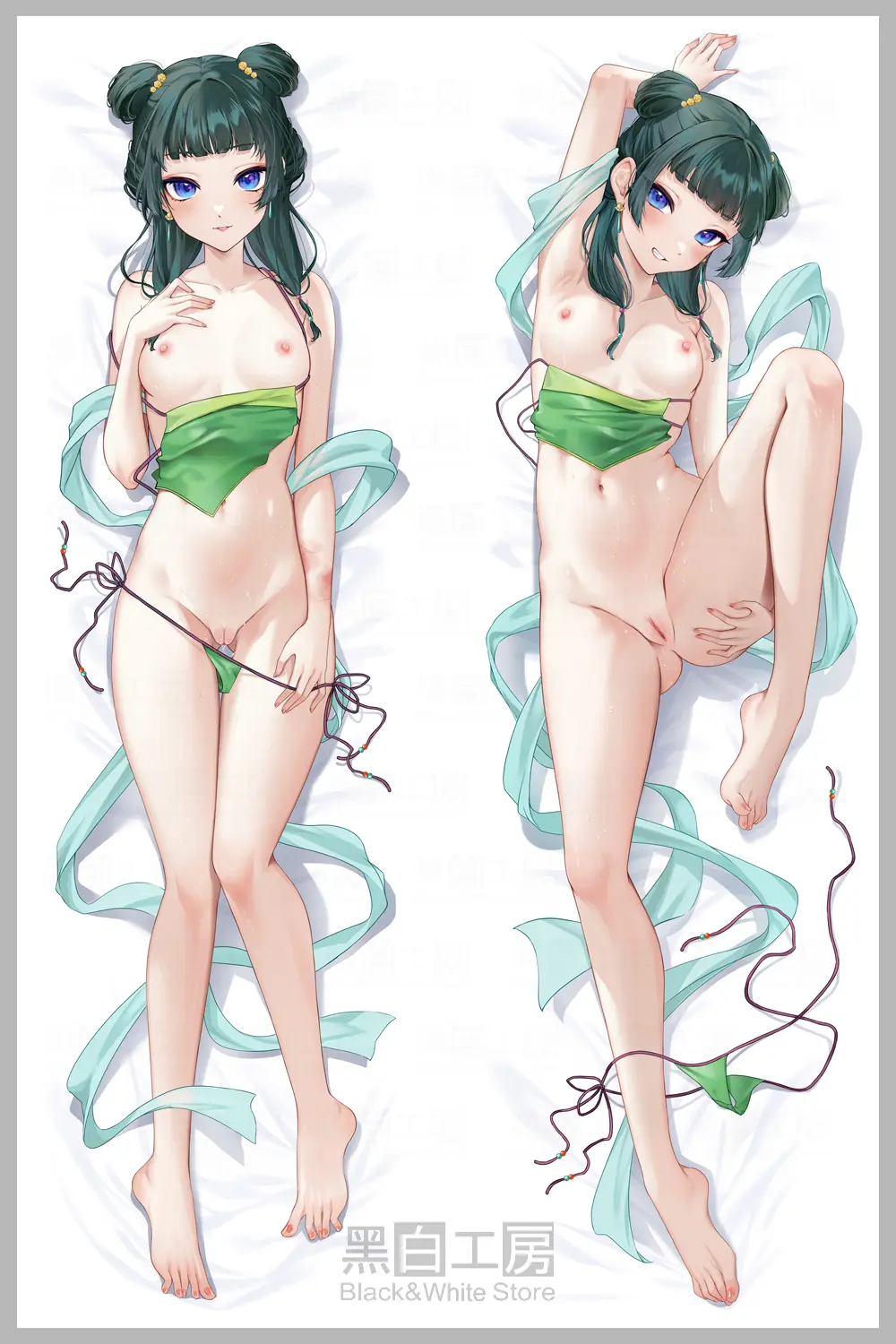 Image blush,breasts,breasts_out,female,highres,looking_at_viewer,nipples,simple_background,smile,white_background,blue_eyes,pussy,bikini,small_breasts,uncensored,barefoot,armpits,bare_shoulders,grin,teeth,thigh_gap,swimsuit,medium_hair,green_hair,upper_body,multiple_views,full_body,toes,arm_up,green_bikini,two_side_up,hand_on_own_chest,dakimakura_(medium),dakimakura_design,kusuriya_no_hitorigoto,unworn_bikini,carrot_(robosquat),maomao_(kusuriya_no_hitorigoto),unworn_bikini_top