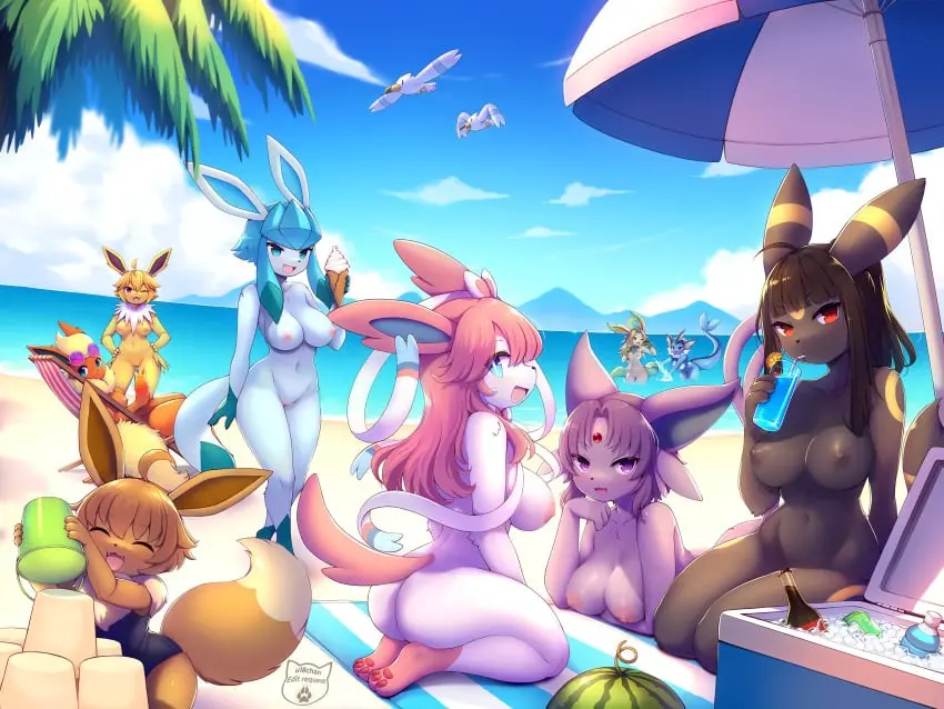 Image 2023,breasts,female,female_only,eeveelution,glaceon,pokemon,pokemon_(species),pussy,umbreon,bikini,furry,beach,water,happy,anthro,furry_female,nude_female,medium_breasts,naked,leafeon,fur,edit,edited,sylveon,group,vaporeon,furry_tail,eevee,espeon,jolteon,9girls,flareon,all_nine_eeveelution
