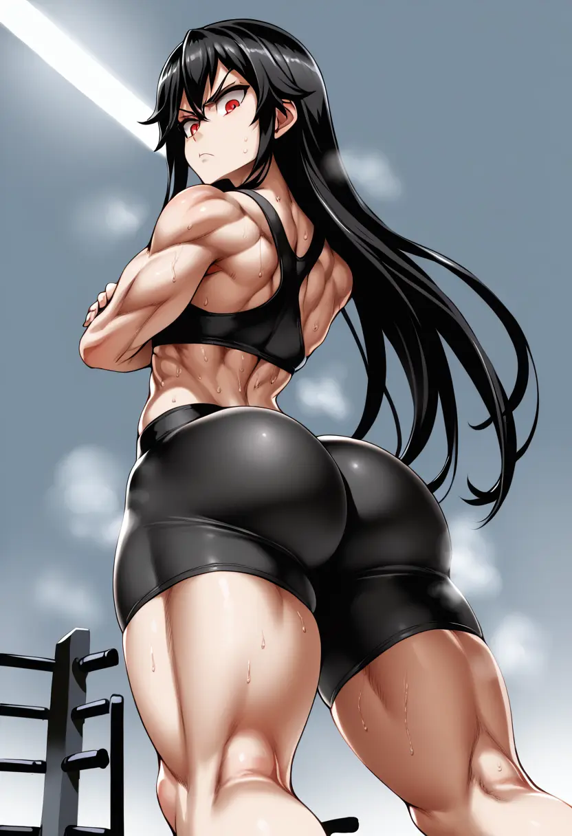 Image 1girls,female,long_hair,looking_at_viewer,red_eyes,black_hair,sweat,ass,thick_thighs,muscular,ai_generated,sports_bra,from_behind,original,self_upload,steaming_body,from_below,steam,flat_chest,muscular_female,annoyed,crossed_arms,bike_shorts,asanagi_(style)