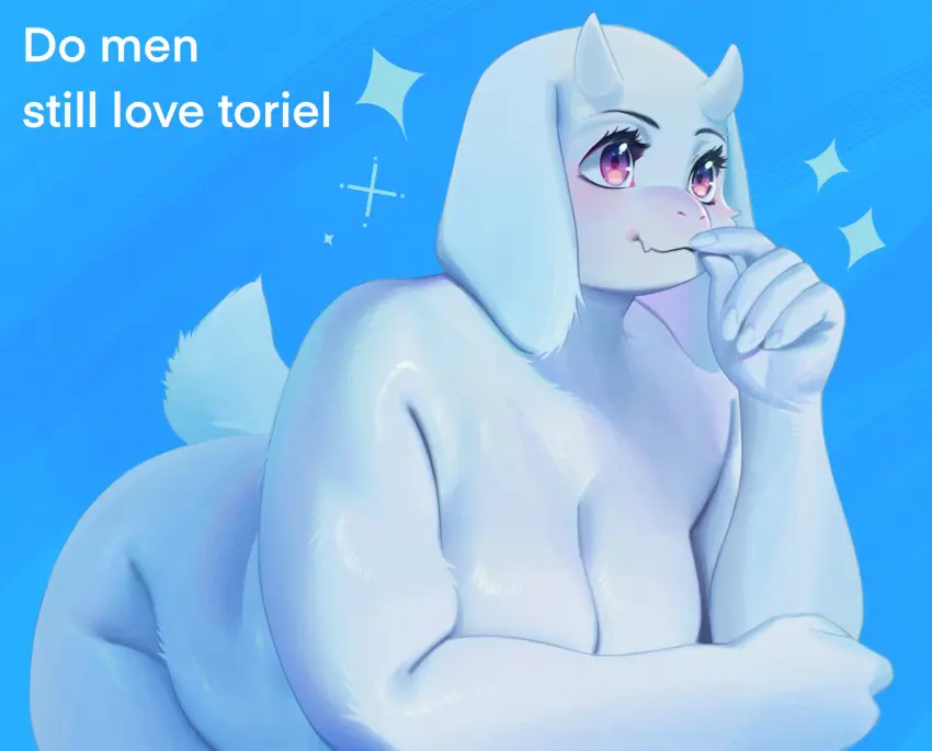 Image big_breasts,blush,breasts,female,hi_res,red_eyes,solo,nude,tail,eyebrows,eyelashes,anthro,mature_female,slightly_chubby,fur,mammal,horn,2024,white_body,bovid,meme,white_fur,short_tail,undertale,caprine,goat,toriel,undertale_(series),sparkles,boss_monster_(undertale),mature_anthro,do_men_still_love_women_this_size,aruurara