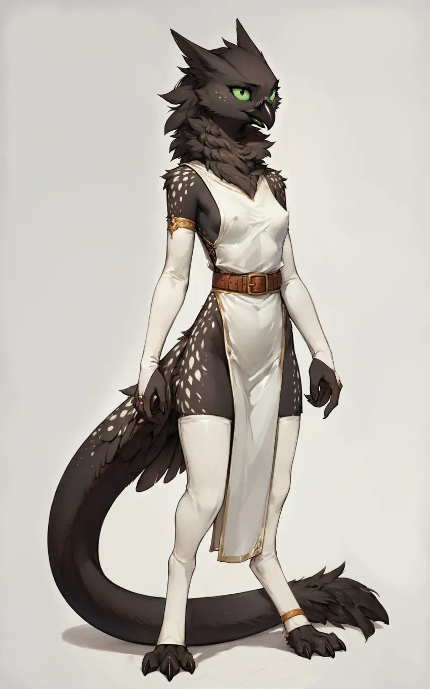 Image breasts,clothing,female,hi_res,simple_background,solo,standing,white_background,tongue,small_breasts,feet,ai_generated,jewelry,looking_away,white_clothing,anthro,slim,fur,black_body,bracelet,belt,5_fingers,nipple_outline,avian,beak,fingers,toes,fluffy,tuft,armwear,stirrup_legwear,black_fur,green_tongue,digitigrade,bridal_gauntlets,3_toes,spots,spotted_body,spotted_fur,pupils,tail_tuft,long_tail,neck_tuft,black_pupils,fantasy,thick_tail,tunic,green_sclera,tabard,white_spots,oldhroft,shadow_(oldhroft),velari