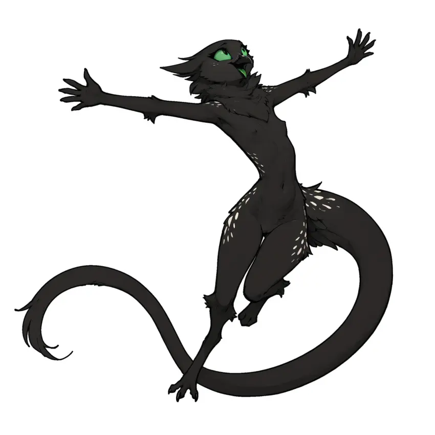 Image breasts,female,hi_res,open_mouth,simple_background,solo,pussy,tongue,small_breasts,feet,ai_generated,happy,outstretched_arms,anthro,slim,pose,excited,fur,genitals,claws,black_body,5_fingers,avian,beak,fingers,jumping,toes,fluffy,tuft,black_fur,green_tongue,digitigrade,3_toes,spots,spotted_body,spotted_fur,looking_up,transparent_background,open_beak,long_tail,neck_tuft,alpha_channel,thick_tail,toe_curl,green_sclera,action_pose,oldhroft,shadow_(oldhroft),velari,joyful