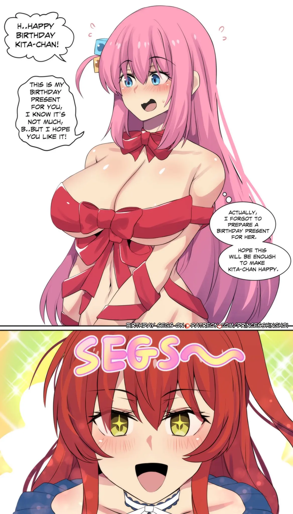 Image blush,breasts,female,large_breasts,smile,2girls,red_hair,pink_hair,comic,yuri,english_text,wholesome,ribbons,imminent_sex,sparkling_eyes,bocchi_the_rock!,gotou_hitori,kita_ikuyo,gift,birthday,birthday_sex,birthday_gift,hinghoi,princesshinghoi,ribboned_body,seggs_(meme)