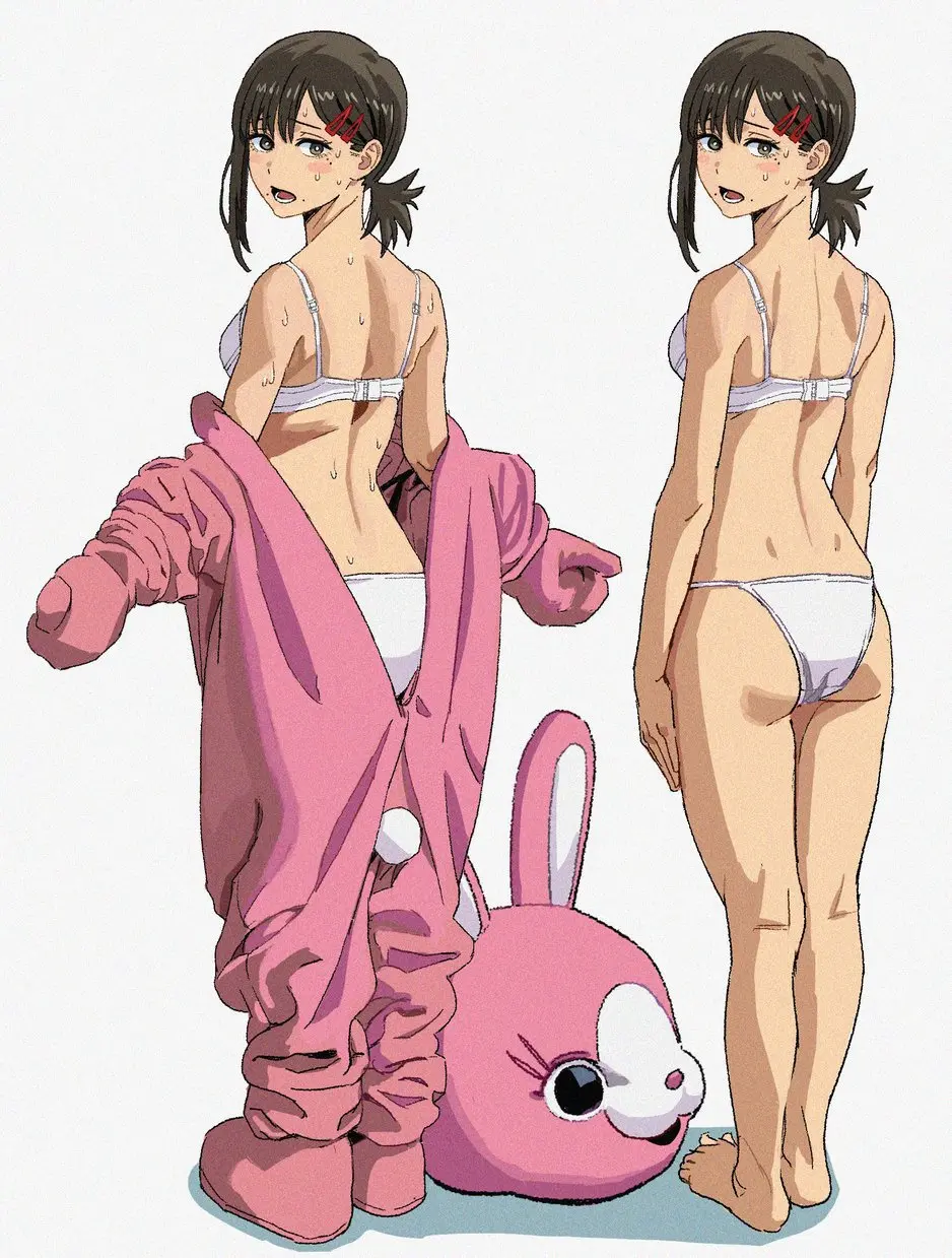Image 1girls,blush,female,human,looking_at_viewer,solo,standing,black_hair,sweat,bra,underwear,seductive,barefoot,ponytail,feet,bunny_ears,bunny_girl,bunny_tail,mascot,toes,undressing,chainsaw_man,higashiyama_kobeni,costume,bunny_costume,undressing_self,animal_costume,job,mascot_costume