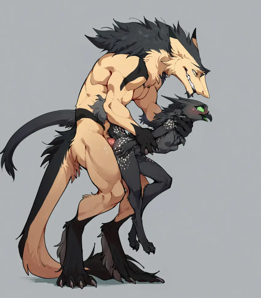 Image blush,breasts,female,grey_hair,hi_res,open_mouth,simple_background,smile,standing,male,penis,yellow_eyes,tongue,sex,small_breasts,duo,muscular,muscular_male,feet,ai_generated,anal,anal_sex,grin,side_view,hair,male/female,size_difference,anthro,tan_body,veiny_penis,looking_pleasured,hand_on_hip,penetration,genital_fluids,bodily_fluids,fur,genitals,claws,black_body,stomach_bulge,carrying_partner,female_penetrated,male_penetrating,5_fingers,standing_sex,tears,4_fingers,avian,beak,fingers,eye_roll,male_penetrating_female,vein,toes,elbow_tuft,leg_markings,markings,tuft,tan_fur,gloves_(marking),larger_male,carrying_another,black_fur,green_tongue,digitigrade,smaller_female,4_toes,3_toes,spots,spotted_body,spotted_fur,black_markings,socks_(marking),messy_hair,leg_tuft,open_beak,tail_tuft,long_tail,neck_tuft,facial_tuft,torso_grab,large_insertion,neck_grab,green_sclera,black_ear_tips,sergal,hand_on_neck,chin_tuft,ankle_tuft,grey_claws,dangling_legs,white_spots,oldhroft,shadow_(oldhroft),velari