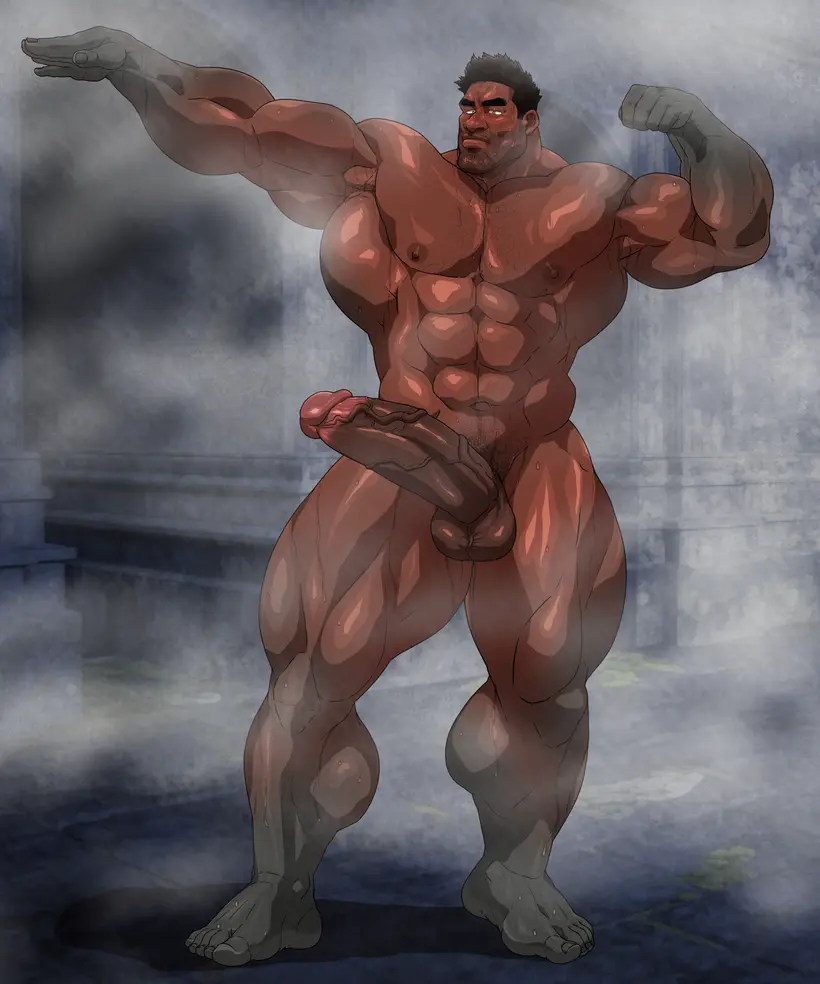 Image solo,male,nude,penis,sweat,big_penis,erection,muscular,armpits,male_only,yaoi,balls,posing,bara,sweating,solo_male,boner,muscles,musk,armpit,flexing,petrification,hitenmaru