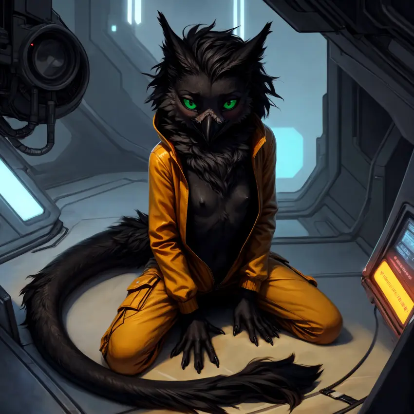 Image breasts,clothing,female,hi_res,looking_at_viewer,solo,small_breasts,kneeling,ai_generated,hair,anthro,black_body,avian,beak,bird,tuft,unbuttoned,chest_tuft,messy_hair,tail_tuft,long_tail,jumpsuit,neck_tuft,thick_tail,science_fiction,green_sclera,futuristic,oldhroft,shadow_(oldhroft),velari