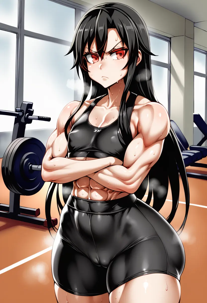 Image 1girls,female,long_hair,looking_at_viewer,red_eyes,black_hair,sweat,ass,thick_thighs,muscular,ai_generated,sports_bra,covered_nipples,original,self_upload,cameltoe,steaming_body,steam,flat_chest,muscular_female,annoyed,crossed_arms,bike_shorts,asanagi_(style)