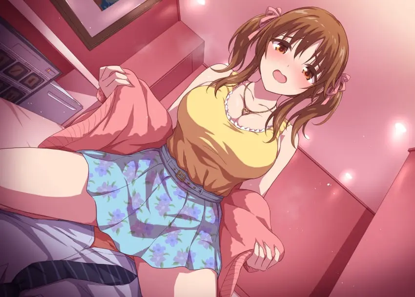 Image blush,breasts,brown_eyes,female,large_breasts,shirt,1boy,male,straight,sex,cowgirl_position,jewelry,necklace,brown_hair,on_bed,medium_hair,bed,indoors,twintails,skirt,straddling,ribbon,white_shirt,sleeveless,idolmaster,idolmaster_cinderella_girls,necktie,blue_skirt,tank_top,pink_ribbon,black_necktie,yellow_tank_top,totoki_airi,print_skirt,marugoshi_(54burger),striped_necktie