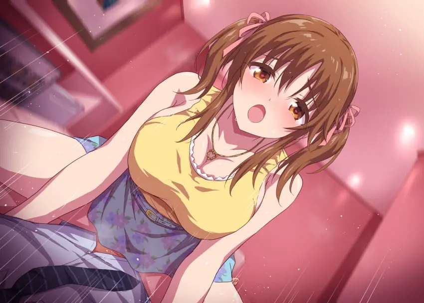 Image blush,breasts,brown_eyes,female,large_breasts,shirt,1boy,male,straight,sex,cowgirl_position,jewelry,necklace,brown_hair,on_bed,medium_hair,bed,indoors,twintails,skirt,straddling,ribbon,white_shirt,sleeveless,idolmaster,idolmaster_cinderella_girls,necktie,blue_skirt,tank_top,pink_ribbon,black_necktie,yellow_tank_top,totoki_airi,print_skirt,marugoshi_(54burger),striped_necktie