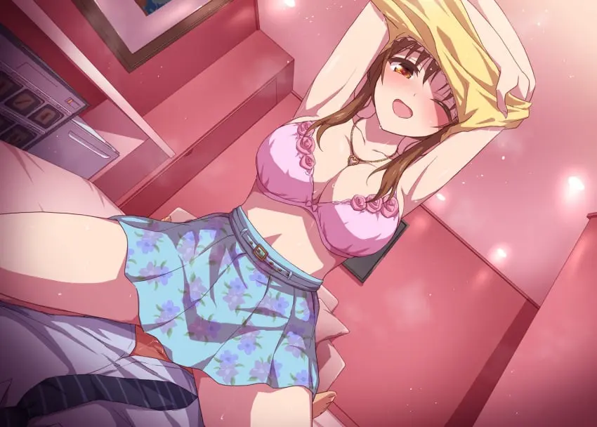Image blush,breasts,brown_eyes,female,large_breasts,open_mouth,shirt,smile,1boy,male,straight,bra,underwear,sex,armpits,cowgirl_position,arms_up,jewelry,one_eye_closed,necklace,brown_hair,on_bed,medium_hair,bed,indoors,twintails,skirt,straddling,ribbon,white_shirt,idolmaster,idolmaster_cinderella_girls,clothes_lift,shirt_lift,necktie,blue_skirt,tank_top,undressing,pink_ribbon,black_necktie,yellow_tank_top,pink_bra,totoki_airi,;d,print_skirt,marugoshi_(54burger),striped_necktie