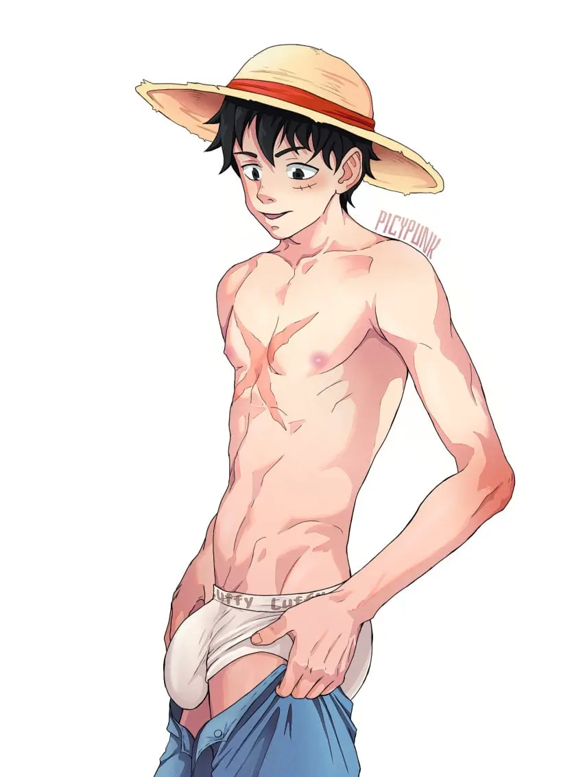 Image solo,1boy,male,penis,underwear,big_penis,one_piece,muscular,muscular_male,male_only,white_underwear,bulge,skinny,young,scar,bulge_through_clothing,muscles,monkey_d_luffy,straw_hat,getting_undressed,picypunk,underwear_bulge