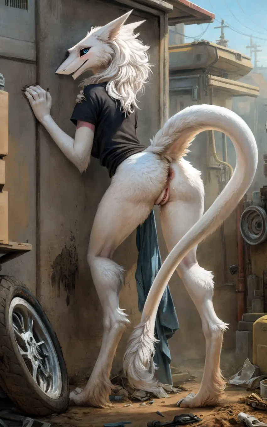 Image blush,female,hi_res,looking_at_viewer,open_mouth,solo,blue_eyes,pussy,ai_generated,hair,anthro,anus,pussy_juice,slim,presenting,genital_fluids,bodily_fluids,genitals,rear_view,white_body,against_surface,blush_lines,tuft,raised_tail,black_sclera,presenting_anus,digitigrade,city,messy_hair,tail_tuft,city_background,long_tail,against_wall,sergal,t-shirt_only,oldhroft,back_alley,prompt,prompt_metainfo