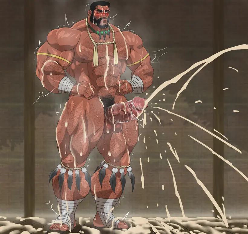 Image solo,cum,male,penis,sweat,erection,muscular,male_only,yaoi,balls,bara,orgasm,sweating,solo_male,boner,beard,muscles,facial_hair,body_hair,musk,hands_on_hips,hitenmaru