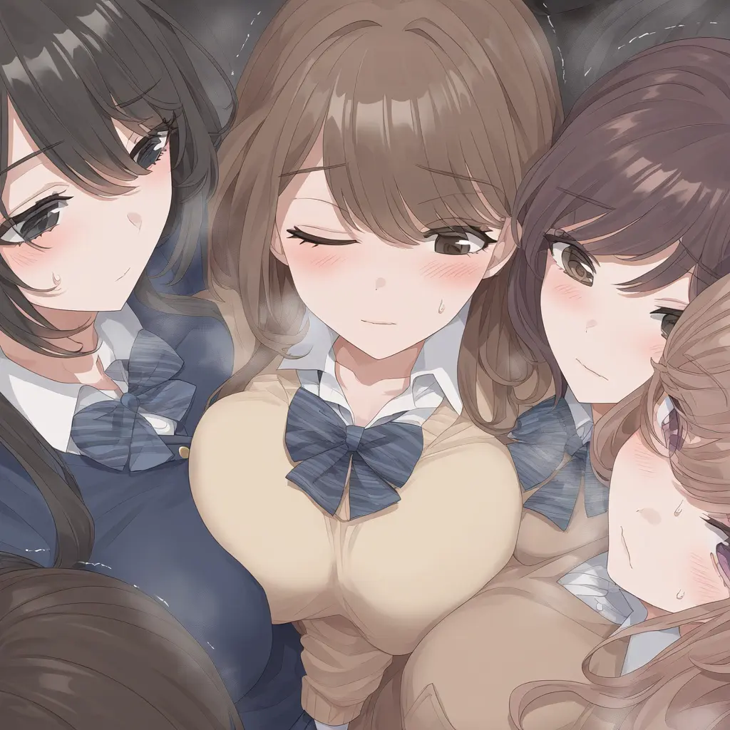 Image blush,breasts,female,female_only,large_breasts,multiple_girls,ai_generated,schoolgirl,stable_diffusion,original,heavy_breathing,school_uniform,brown_hair,sweatdrop,public,breast_press,breast_squish,train,5girls,multiple_females,crowd,public_transportation