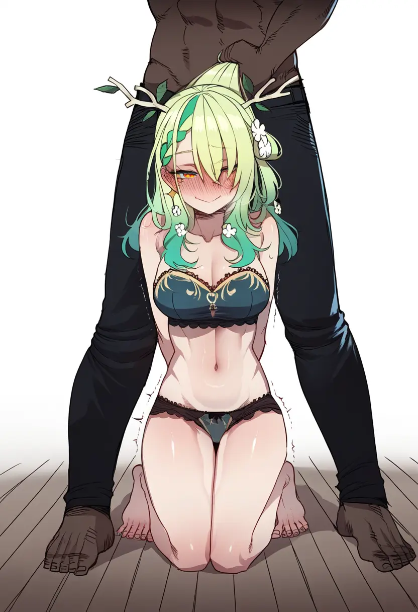 Image blush, female, light-skinned_female, looking_at_viewer, hand_on_head, male, bra, panties, kneeling, dark-skinned_male, dark_skin, interracial, virtual_youtuber, flower_in_hair, ai_generated, belly_button, lingerie, heavy_blush, hololive, trembling, green_hair, antlers, hair_pull, submissive_female, hands_behind_back, nervous, nervous_smile, hololive_english, imminent_sex, hololive_english_-council-, hololive_english_-promise-, shivering, pulling_hair, ceres_fauna, steamy_ai