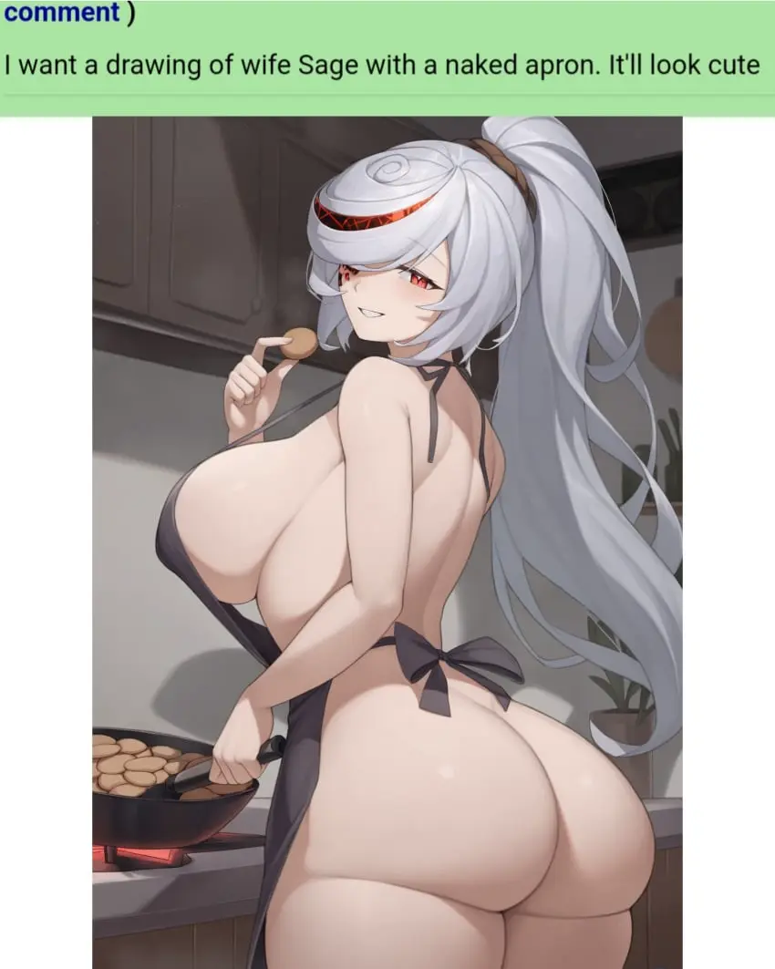 Image 1girls,big_breasts,breasts,female,female_only,looking_at_viewer,solo,seductive_look,ponytail,ai_generated,round_ass,text,aged_up,nai_diffusion,self_upload,english_text,sonic_(series),kitchen,apron_only,request,cookie,cooking,sage_(sonic_frontiers),isoai