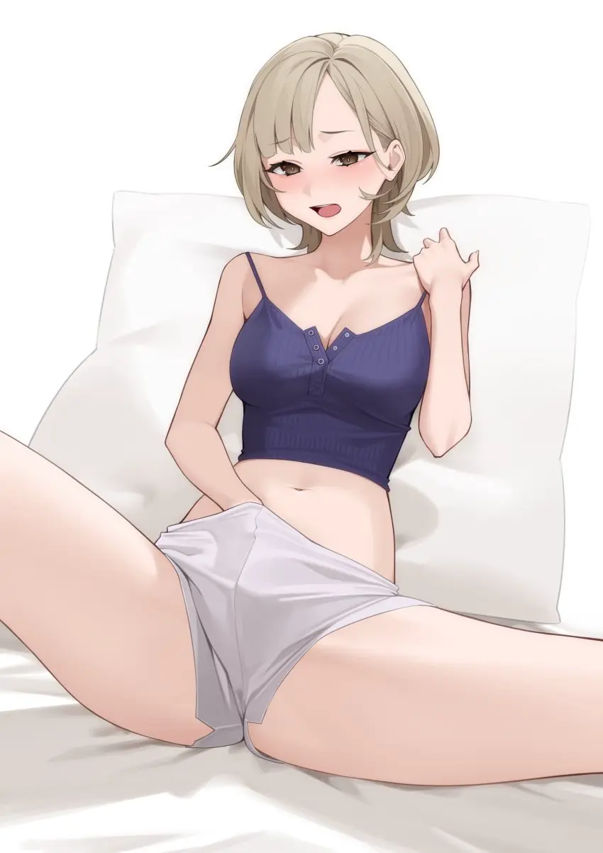 Image blush,breasts,brown_eyes,female,highres,looking_at_viewer,open_mouth,solo,absurdres,navel,tongue,cleavage,teeth,medium_breasts,original,on_bed,medium_hair,bed,masturbation,light_brown_hair,commentary_request,stomach,female_masturbation,shorts,pillow,tank_top,moaning,paid_reward_available,white_shorts,upper_teeth_only,hand_in_panties,purple_tank_top,hand_in_own_panties,kuen_(kuennn12)